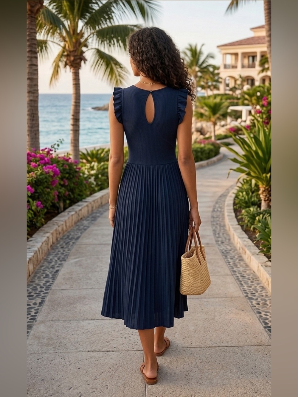 Ellen Tracy Navy Pleated Midi Dress Ruffle Sleeve Size M - Picture 3 of 6